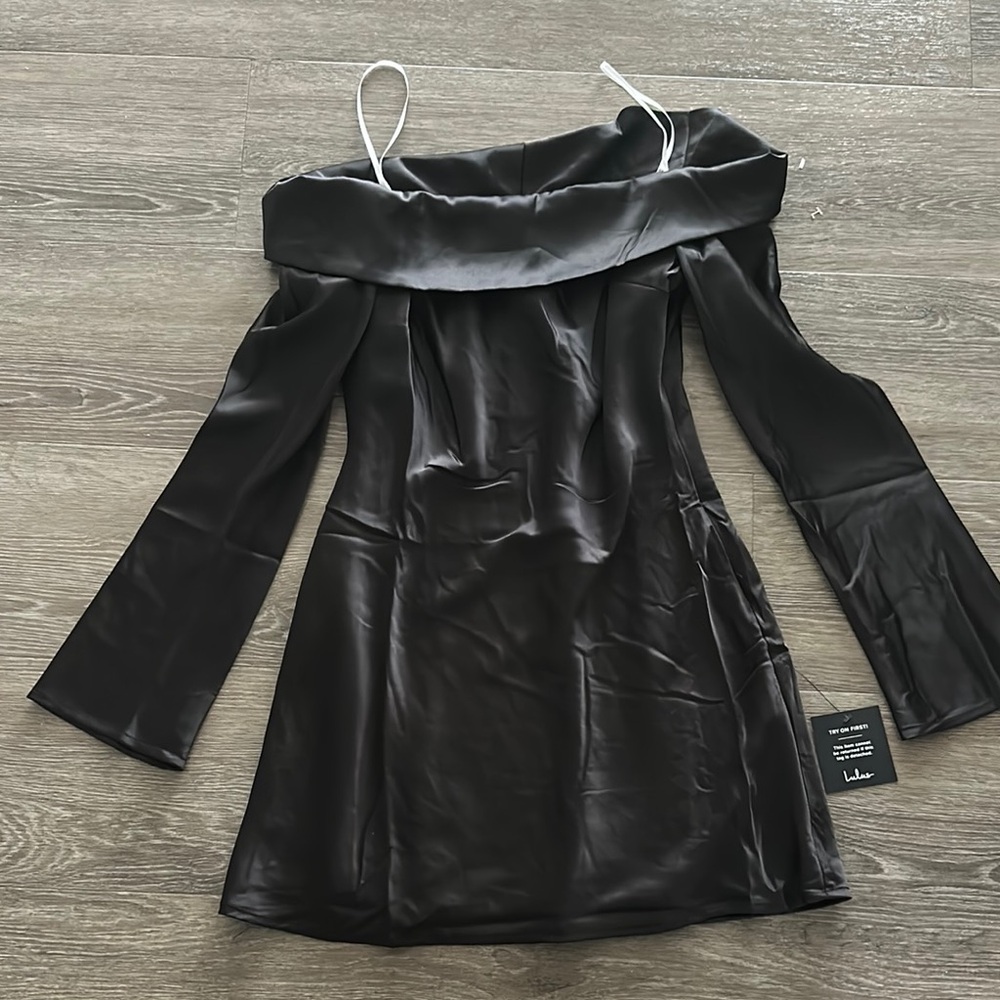 Lulu's Black Satin Off-Shoulder Dress
